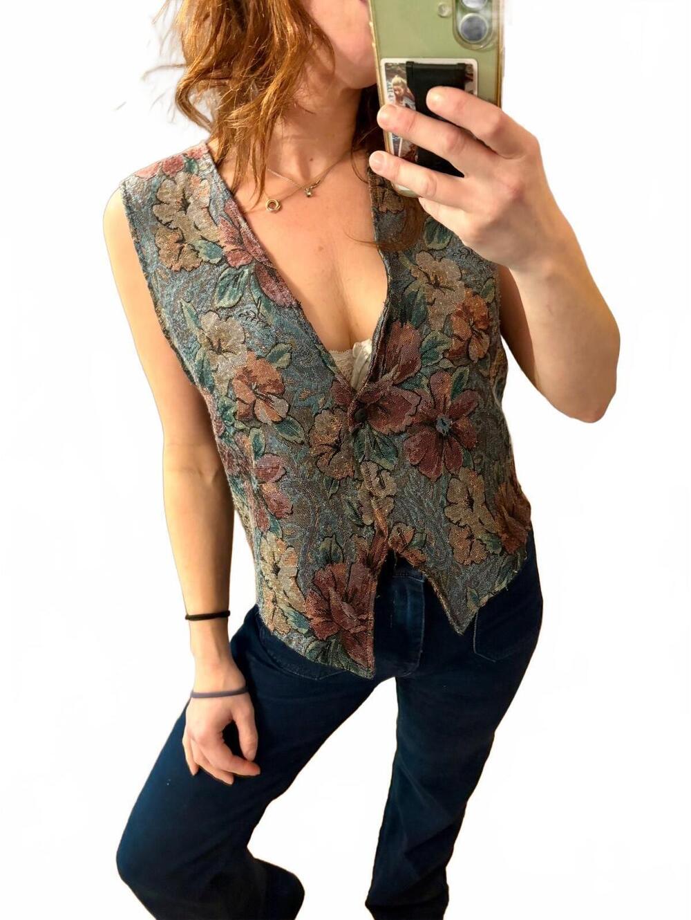 Vintage 80s Jil Mykels Floral Tapestry Vest Button Front Boho Medium